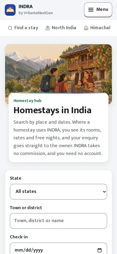 The live Homestay hub on a phone: the INDRA header, the Homestays in India heading, and a search by state, town and dates.