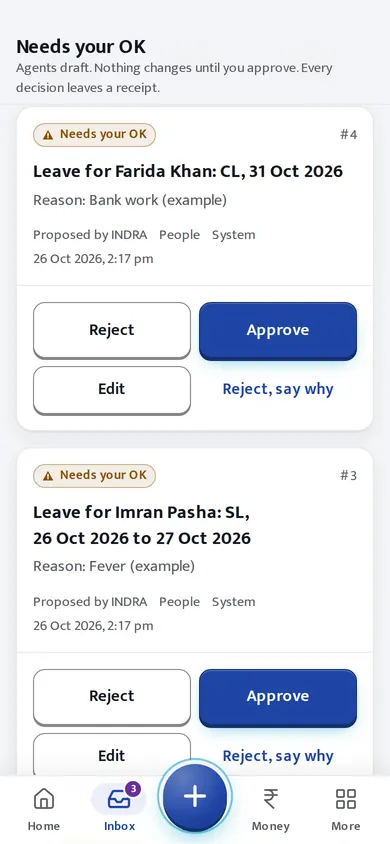 INDRA inbox on a phone: a draft with Reject, Approve and Edit buttons (example company).