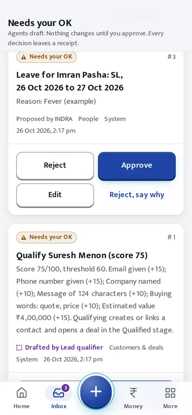 INDRA inbox on a phone: a draft by the Lead qualifier agent with its reasons, waiting for approval (example company).