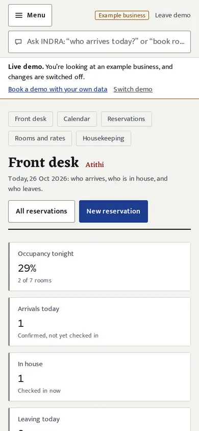 INDRA front desk on a phone: tonight's arrivals and guests in house (example homestay).