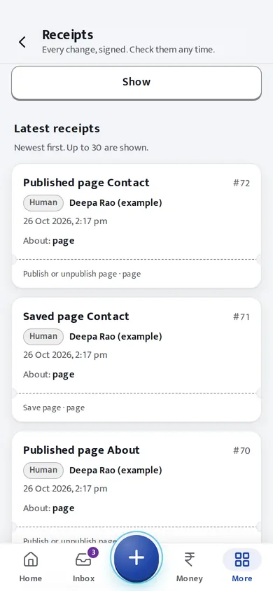 INDRA receipts on a phone: a list of signed receipts, newest first (example company).