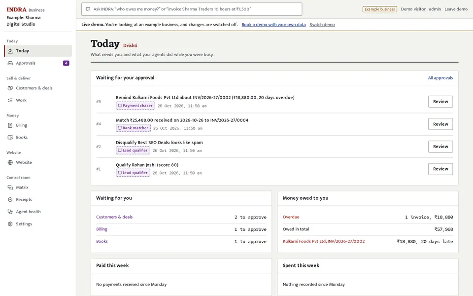 INDRA Today screen: four agent drafts waiting for approval (example business).